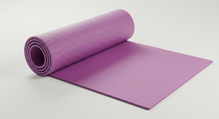 Rolled up purple yoga mat on a plain background. Fitness equipment ready for use in a studio or gym.