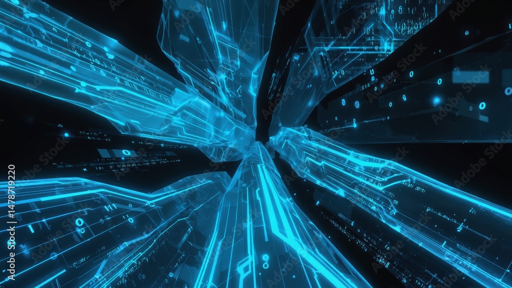 Poster abstract design features glowing blue lines and geometric shapes in a complex, futuristic style