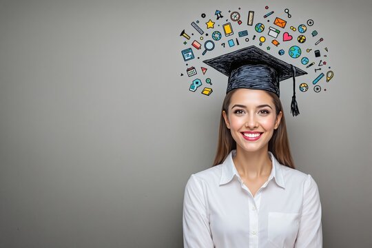 Woman in graduation cap smiling with colorful education and business icons above her head, cartoon style, on gray background, concept of knowledge. Ai generative