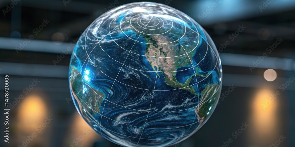 Poster floating globe showcasing earth with detailed geographic features and a modern visual style.