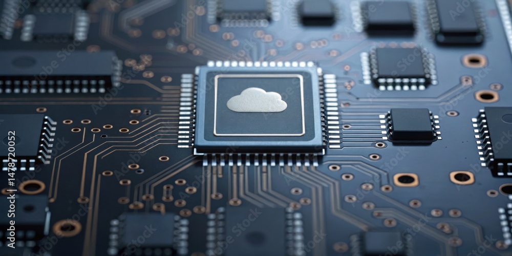 Poster close-up of a circuit board featuring a cloud symbol, symbolizing technology and connectivity in dig