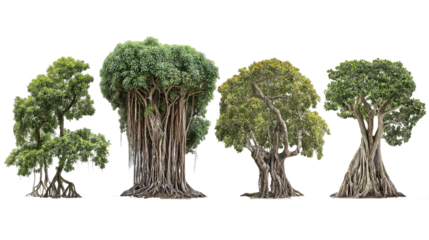 Five Lush Green Bonsai Trees with Exposed Roots on Transparent Background, PNG