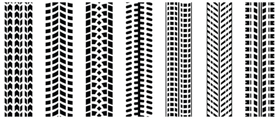Tire tracks icon set. Tire track mark icon vector set Silhouette. Car wheel tires track footprints, vehicles tires footprints, tires track set, tread brushes, wheel treads, vector illustration.