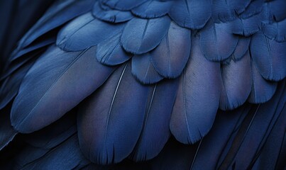 Close-up view of deep blue bird feathers.  Densely packed, overlapping feathers in varying shades of deep blue.  Intricate texture and details visible