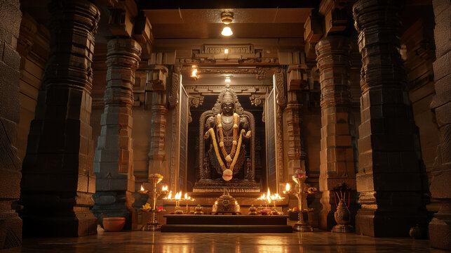 Venkatachalapathi, the majestic deity stands inside a magnificent temple with fine stone carvings and burning oil lamps, Ai generated images