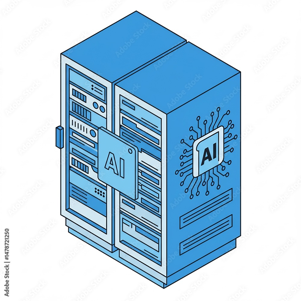 Aufkleber isometric illustration dual blue server racks with ai processors. represents modern datacenter infra
