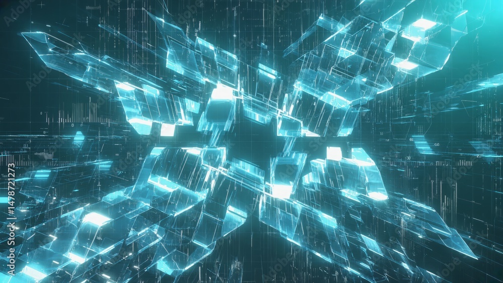Poster abstract fractal rendering of crystalline, luminous shapes intersecting against a dark background