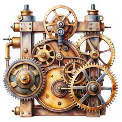 Intricate watercolor illustration of steampunk machine gears and mechanical components