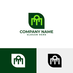 Creative MM monogram logo inside a rounded green leaf shape, symbolizing sustainability and growth. Includes white and black versions for use in eco branding, agriculture, or green business identity.