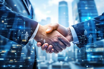 Fototapeta na wymiar Two businesspeople shaking hands in a suit, futuristic digital interface overlay, city skyscraper background, concept of partnership and innovation, Ai generative