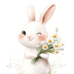 Adorable rabbit holding flowers enchanted forest watercolor art whimsical environment close-up view kawaii concept