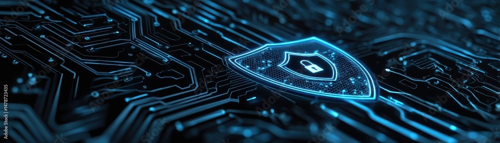 Poster abstract digital circuit board with security shield.