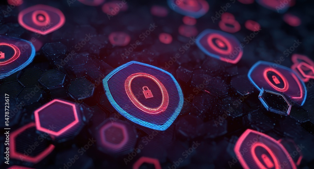 Aufkleber abstract digital graphic of security symbols on a hexagonal surface.