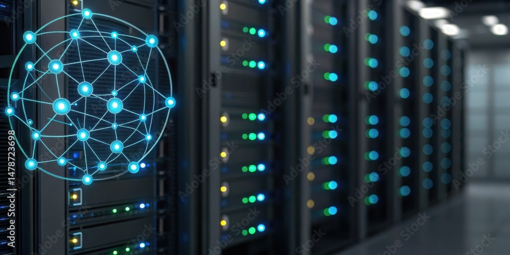 Poster a futuristic data center filled with servers, showcasing illuminated indicators and a network graphi
