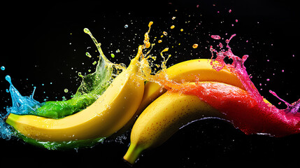 Banana Splash with Vibrant Colors on Black Background