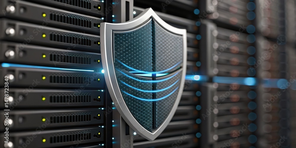 Poster digital security shield over server racks, symbolizing protection and technology in data management.
