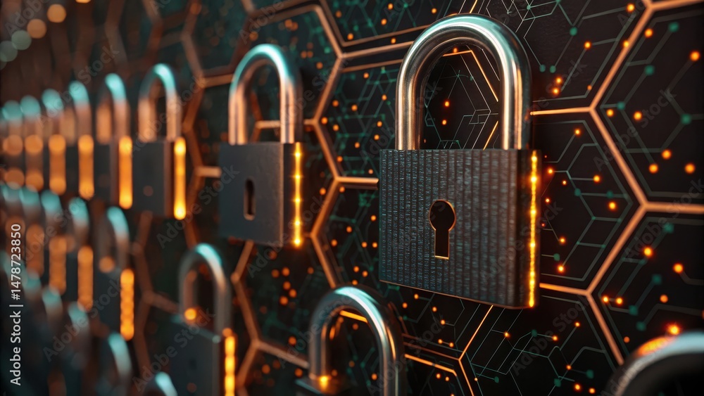Aufkleber digital locks are displayed against a high-tech background, symbolizing cybersecurity and data prote