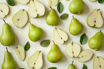 Fresh pears arranged in a decorative pattern.
