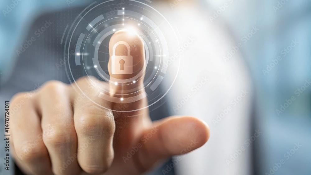 Poster a hand pressing a digital lock symbol, representing security and technology in a modern context.