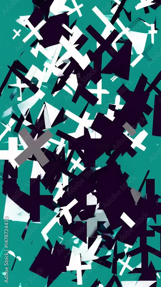 Poster white, dark purple, and grey abstract geometric shapes like crosses, triangles, and dashes randomly 