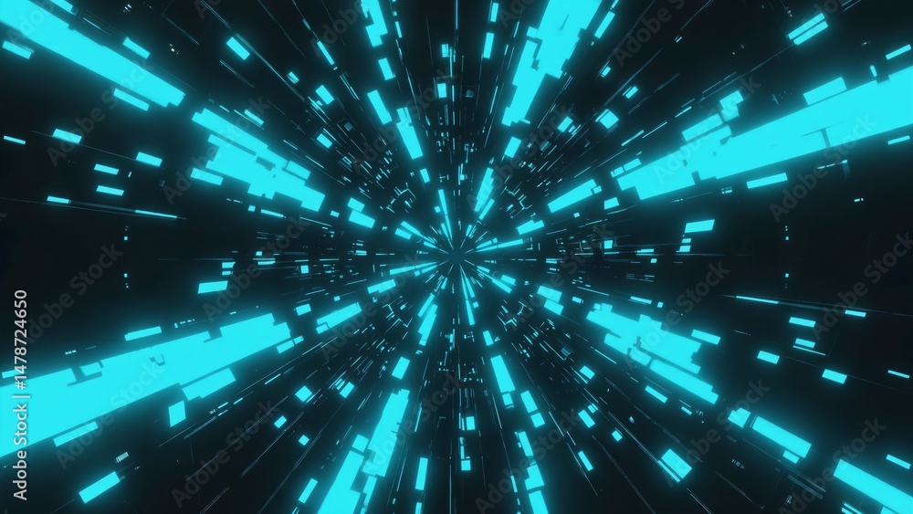 Poster abstract neon lights explode outward, radiating with luminosity in dynamic lines, illuminating deep 