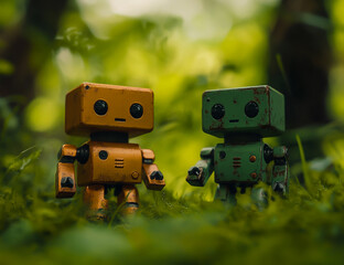 Obraz premium Two adorable robots, one with a copper finish and the other in bright green, stand together in a green, grassy forest surrounded by trees and nature.