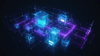 Obraz premium Abstract network luminous cubes interconnected with glowing lines on a dark background