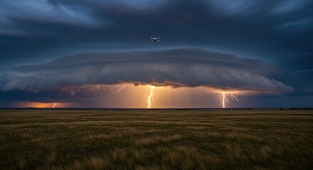 Lightning Storm Over Field with Drone
