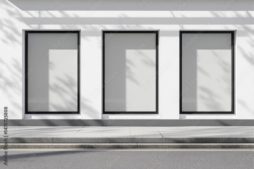 Poster three large blank storefront windows on a minimalist white building wall with sidewalk in front, mod