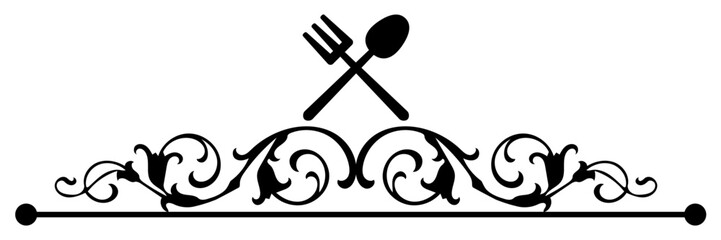 Editable Elegant black and white food menu header vector with decorative swirls and cutlery symbols. Ideal for restaurant menus, cafe signage, invitations, and culinary design projects.
