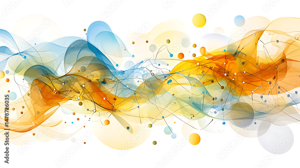 Poster abstract fluid waves in blue and orange with dots and colors flowing smoothly across a black backgro