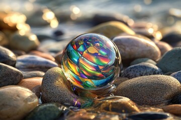 Colorful glass sphere on wet stones