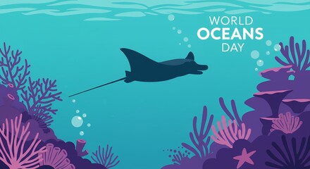 Naklejka premium Manta Ray Glides Through Coral Reef for World Oceans Day Celebration