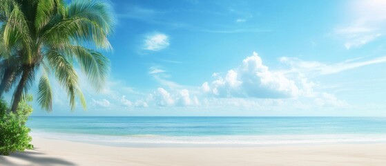 Serene Tropical Beach with Palm Trees and Clear Blue Sky