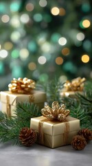 Festive holiday scene with beautifully wrapped gifts, pine cones, and greenery against a blurred, colorful background.