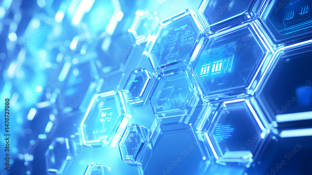 Poster blue ai text and digital icons within hexagonal elements on a white background, styled with holograp