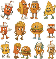 set of cartoon food icon vectors with editable, cheese, juice, burger, cold drink, finger chips, zinger burger, cartoon, coffee