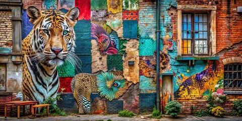 Fototapeta premium Vibrant Animal Patchwork Urban Exploration Background Design