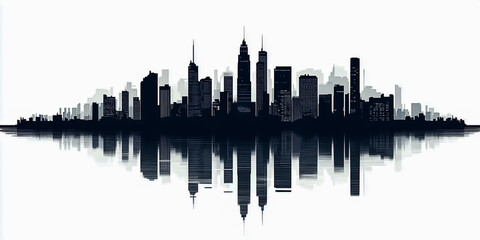 Fototapeta premium Vector illustration of a black silhouette of a city skyline with reflections on calm water, with skyscrapers and a sunset backdrop.