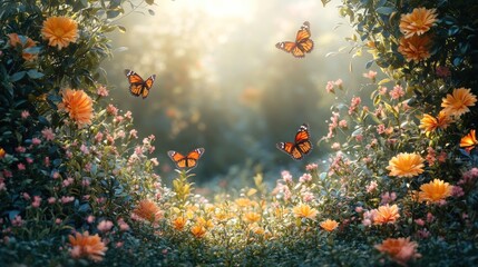 A vibrant floral wonderland, with butterflies flitting through a profusion of blossoms. Sunlight streams through a lush, flower-filled archway, creating a magical scene
