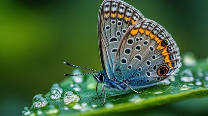Obraz premium Dew-kissed butterfly resting on leaf in lush garden (1)