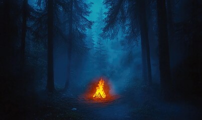 Mystical campfire in a dense, fog-shrouded forest