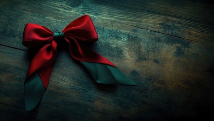 Elegant red and green ribbon bow on rustic wood