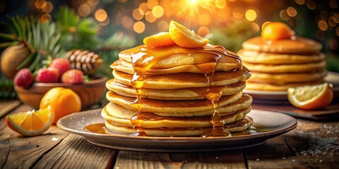 Surreal Pancake Stack Photo: Dripping Syrup, Orange Background - Artistic Food Photography