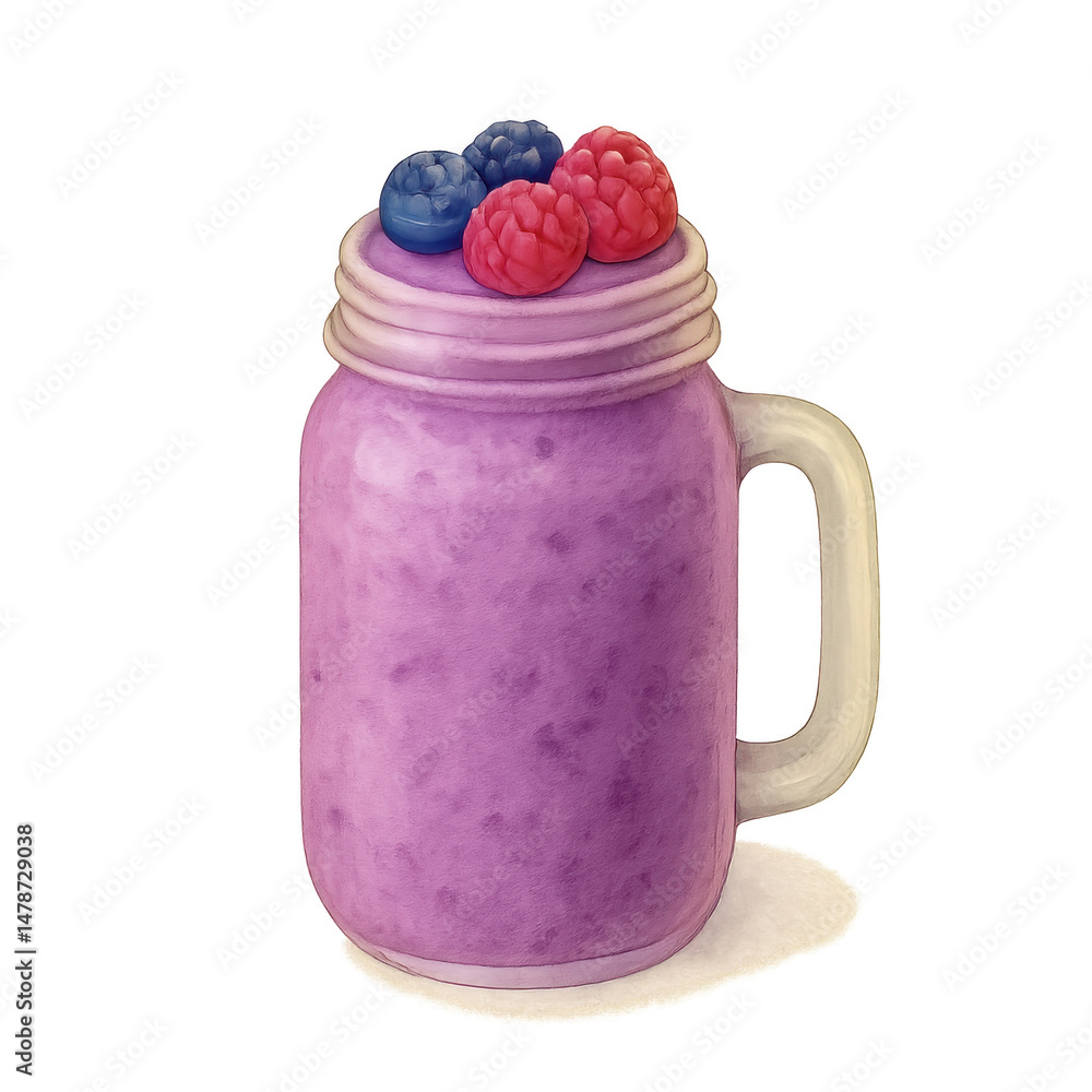 Poster purple smoothie in glass jar with handle topped with fresh raspberry and blueberry, refreshing and h