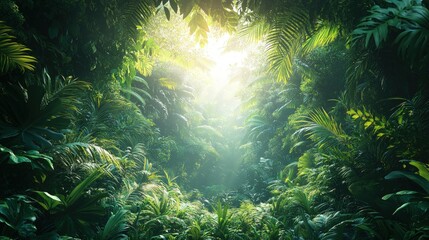 Obraz premium Lush jungle pathway bathed in sunlight