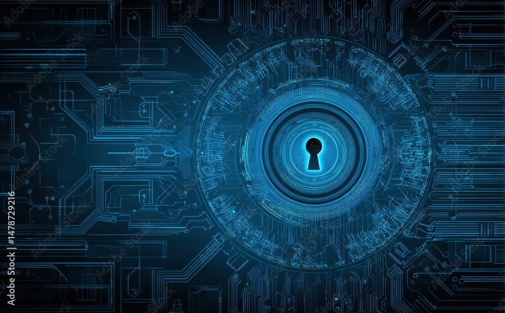 Poster digital keyhole graphic design over circuit board background.