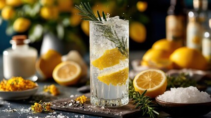 Refreshing lemon rosemary cocktail with ice and citrus garnish.