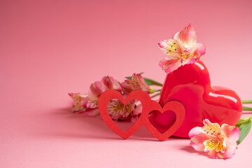 Red vase shaped heart with flowers alstroemeria and two red wooden hearts on pink