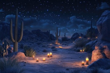 Desert night scene lit by candles.  Vast desert landscape under a starry night sky, with  cactus and rocks.  Warm light from candles guides a path